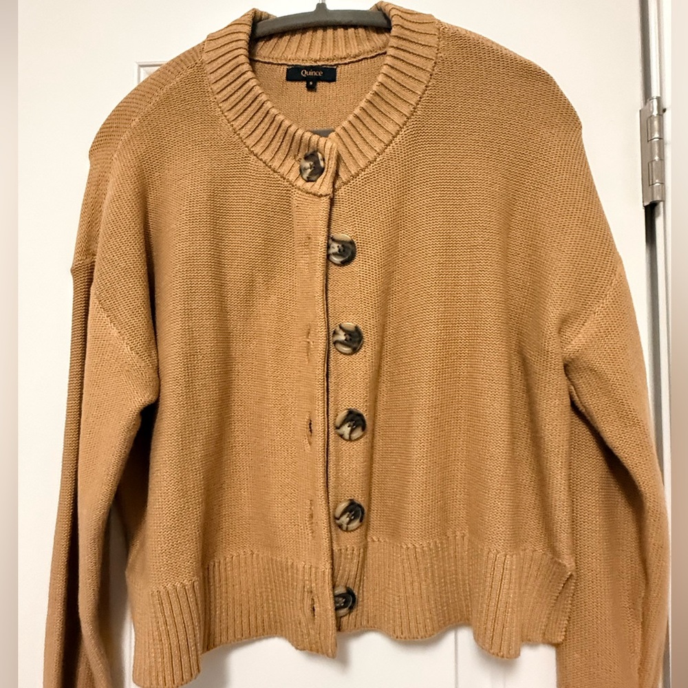 Quince Women's Camel Button-Front Knit Cardigan with Tortoise Buttons
